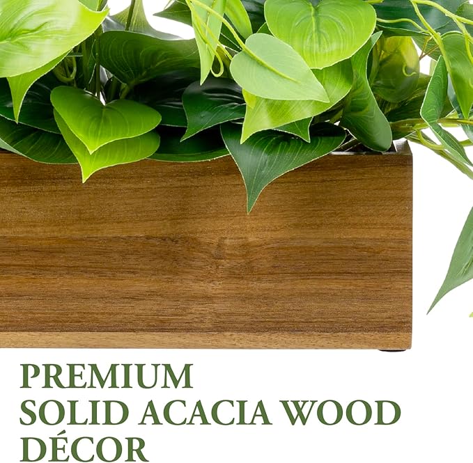 MyGift Vibrant Lifelike Artificial Plant Pothos Leafy Vine Greenery in Natural Solid Acacia Wood Rectangular Planter Box