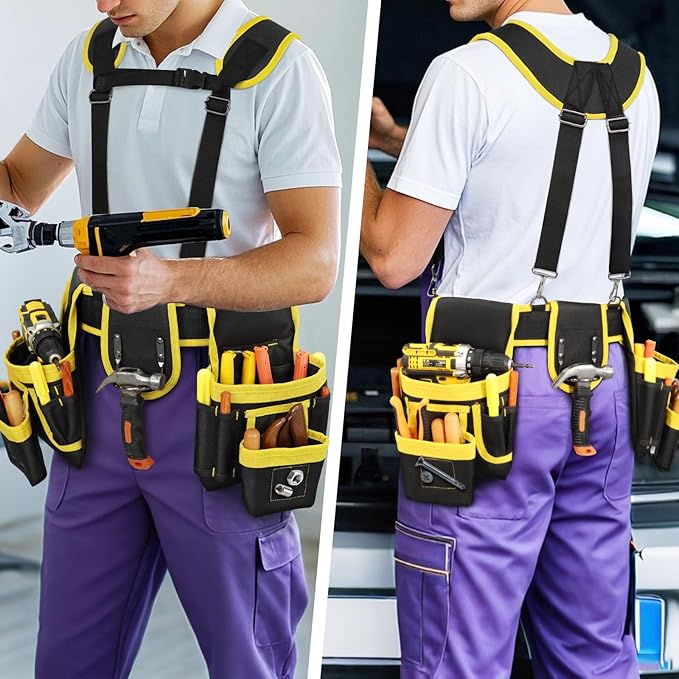 Tool Belt, Professional Tool Belts for Men, Magnetic Tool Pouch With Suspenders, Heavy Duty Detachable Adjustable Utility Belt Work Bags for Electrician, Carpenter (Black and Yellow, 32''-66'')