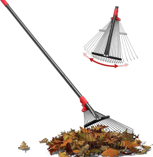 Lightweight Leaf Rake for Lawn, 8-17" Expandable Head with Metal Tines for Leaves, Shrubs & Small Areas, 75-Inch Adjustable Long Handle with Comfort Grip Senior Friendly