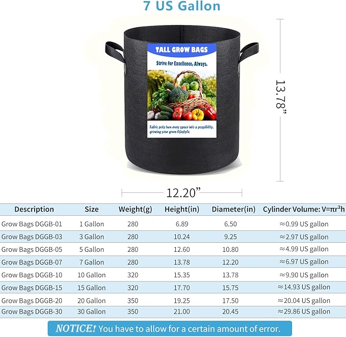 7 US Gallon 8 Pack Tall Grow Bags for Vegetables, Heavy Duty Nonwoven Aeration Fabric Deep Grow Pots with Handles