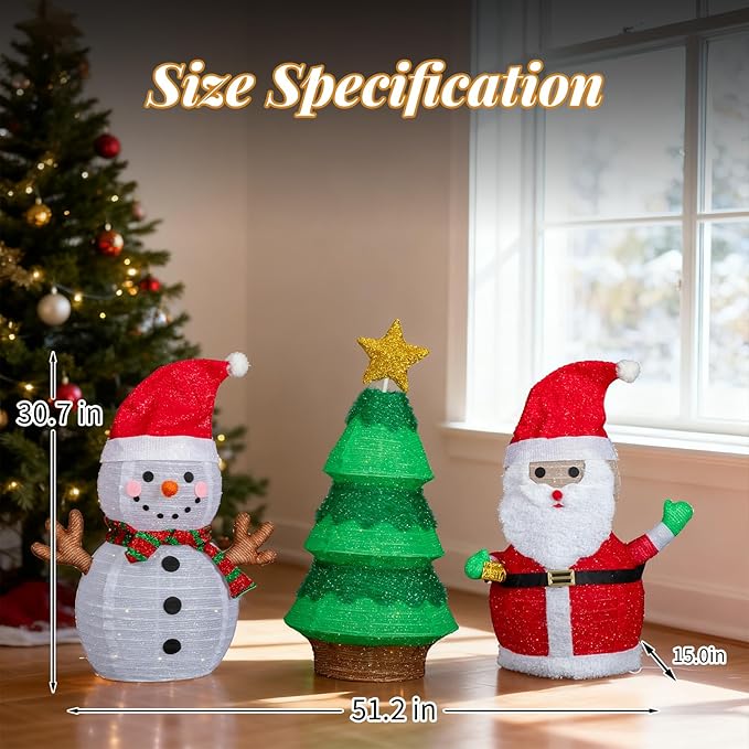 VINGLI 3 Pack 30" 30 Inch Lighted Snowman Santa Claus Christmas Tree Decorations, Prelit Multicolor LED Xmas Yard Lawn Porch Decor for Indoor Outdoor Holiday Winter Christmas Display Set pathway decor