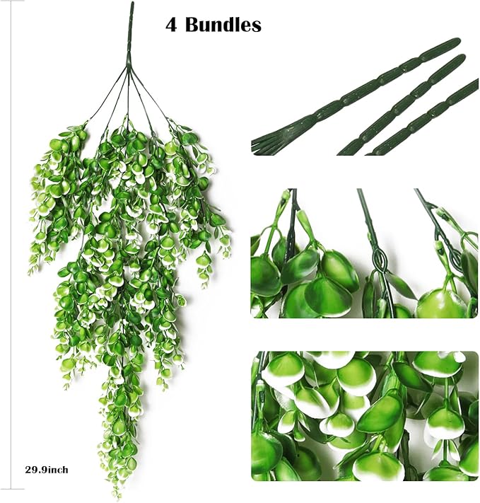 RECUTMS 4 Pack Artificial Plants Hanging Faux Eucalyptus Leaf Greenery Fake Plant for Wall House Room Patio Indoor Outdoor Home Shelf Office Decor (White)