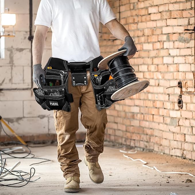 FUERI 16 Pocket Leather Tool Belt for Men, Comes with Heavy Duty Tools Pouches, 3 Hammer holders, Adjustable Belt, Carpenter tool Organizer for Carpenter, Construction, Electrician Rig.