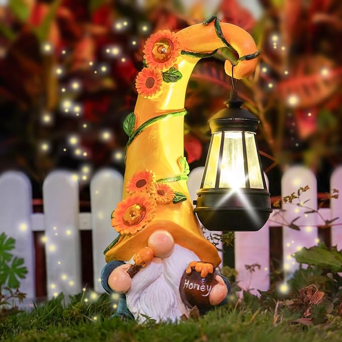 Birthday Gifts for Mom Grandma Woman 12" Solar Sunflower Gnome Garden Statues Honey Bee Jar Decor with LED Lantern Outdoor Gnomes Decorations Patio Yard Balcony Art
