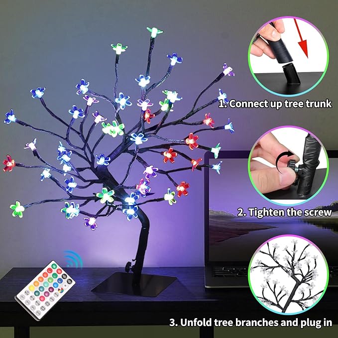 2 PK Cherry Blossom Tree Lights,Artificial Bonsai Tree with 48 Warm White Led Lights, 16.2 Inch Prelit Cherry Blossom Lamp for Christmas Party Wedding Gift Home Tabletop Decoration