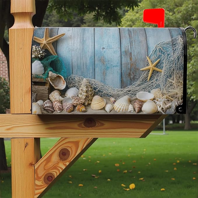Beach Mailbox Cover Summer Starfish Mail Box Covers Magnetic Shell Mailbox Wraps 25.5x21 inch Outdoor Decor for Garden Yard