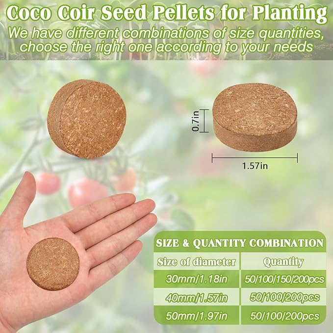 ZeeDix Coco Coir Potting Soil, 200pcs 40mm Compressed Coconut Fiber Seed Starter Soil Pellets, Coco Peat Soil Discs for Indoor Outdoor Plants, Herbs, Houseplants, Flowers, Succulents, Vegetables