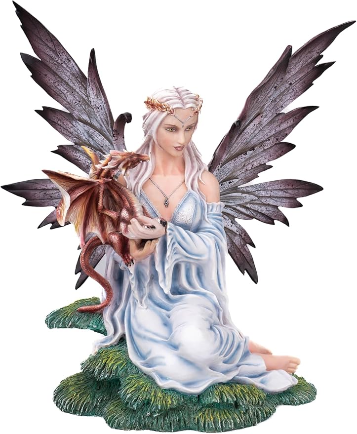 Resin Dragon & Fairy Figurine, Mythical Fantasy Decor with Dark Wings & White Dress - Enchanted Collectible Home Accent for Shelves, Mantels & Fairy Gardens
