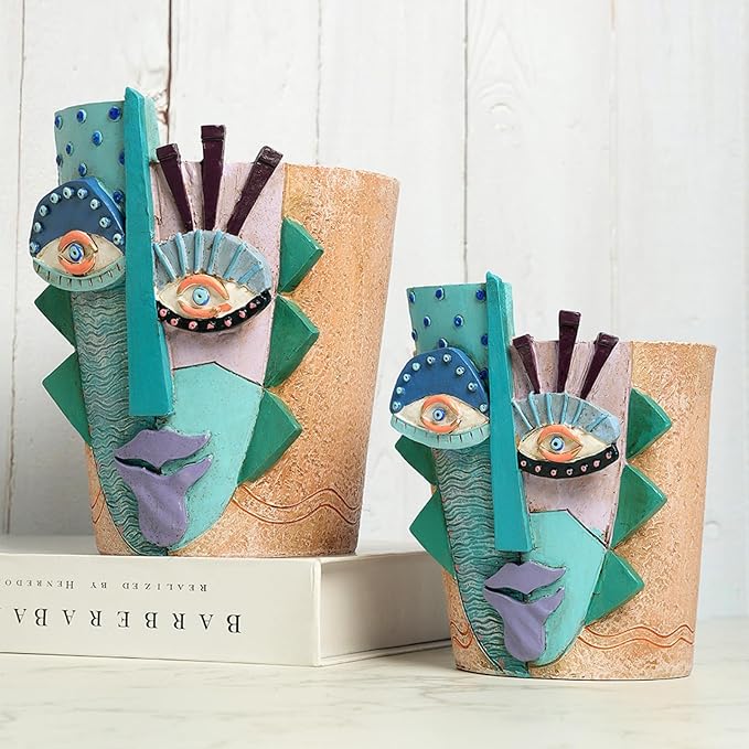 Picasso Flower Pot/Vase, Unique Planters, Abstract Face Flower Pots, with Drainage Holes, Handcrafted Resin Vases for Artistic Home Décor (Large)