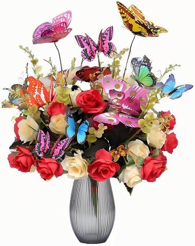 4.8inch Large Double-Layer Artificial Butterfly Flowers, 50pcs Butterfly Garden Stakes,not Afraid of Sun Exposure and rain, Suitable for Outdoor courtyards, Balcony Plants, Festival Decorations