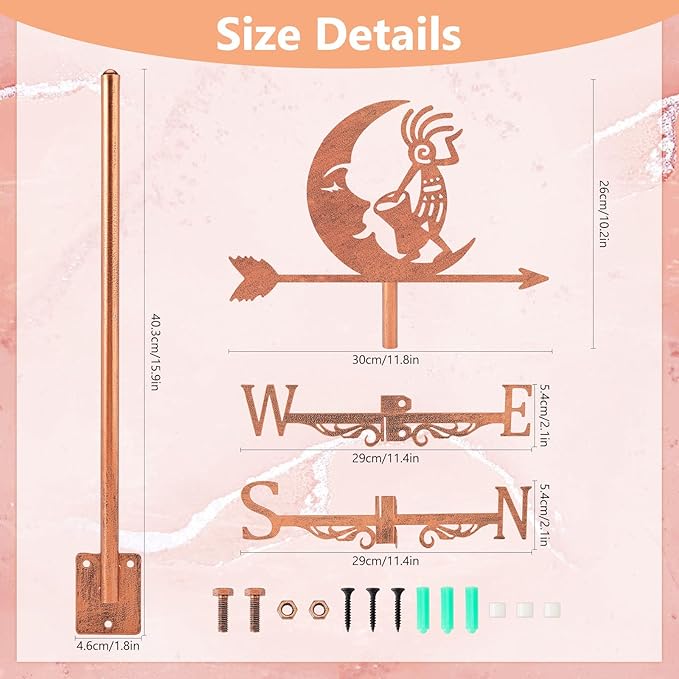 SUPERDANT Kokopelli Weather Vane Moon Wind Vanes for Yard Metal Weathervane Roof Mount for Gardens Outside Reddish Copper Weathervanes Farmhouse Farm Barn Sheds Patio Decorations