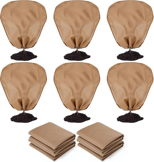 6 Pcs Winter Plant Covers Freeze Protection Reusable Plant Protector Bag with Drawstring Warm Shrubs Cover Frost Protection Planting Jacket Bags for Outdoor Garden, Brown (23.6 x 23.6 Inch)