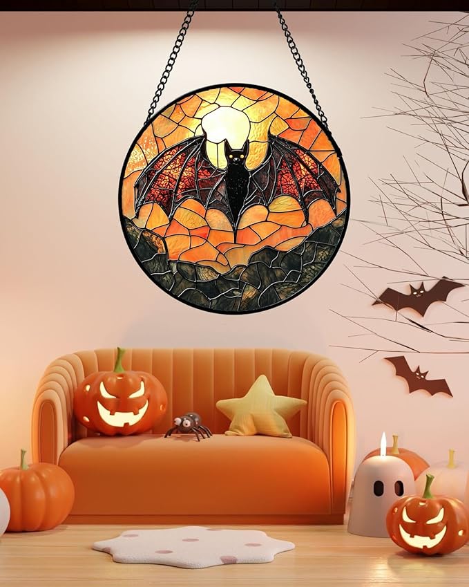 Stained Glass Window Hanging, Black Bat Sun Catcher for Door Home Decor Animal Suncatcher Christmas Mother's Day Birthday Gifts for Women Men Mom and Nana 9.8 in