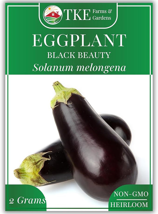 TKE Farms & Gardens - Black Beauty Eggplant Seeds for Planting, 2 Grams, 400+ Heirloom, Non-GMO Seeds, Ideal for Gardens, Containers, or Raised Beds, Easy-to-Follow Instructions, Solanum melongena