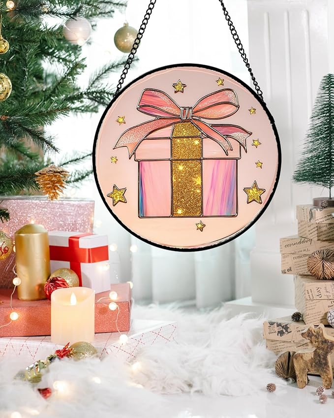 Stained Glass Window Hanging - Pink Gift Box Star Suncatcher for Doors Home Christmas Decoration Winter Sun Catcher Thanksgiving New Year Birthday Gifts for Women Men Mom Nana Girl 15 in