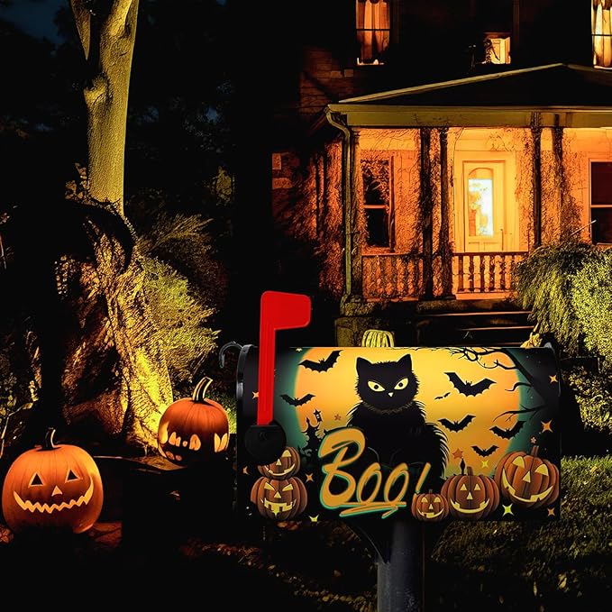 Halloween Mailbox Covers Black Cat Moon Pumpkin Magnetic Mailbox Wrap Castle Boo Spider Bat Mail Post Box Cover Standard Size 21x18 Inch for Garden Yard Decor
