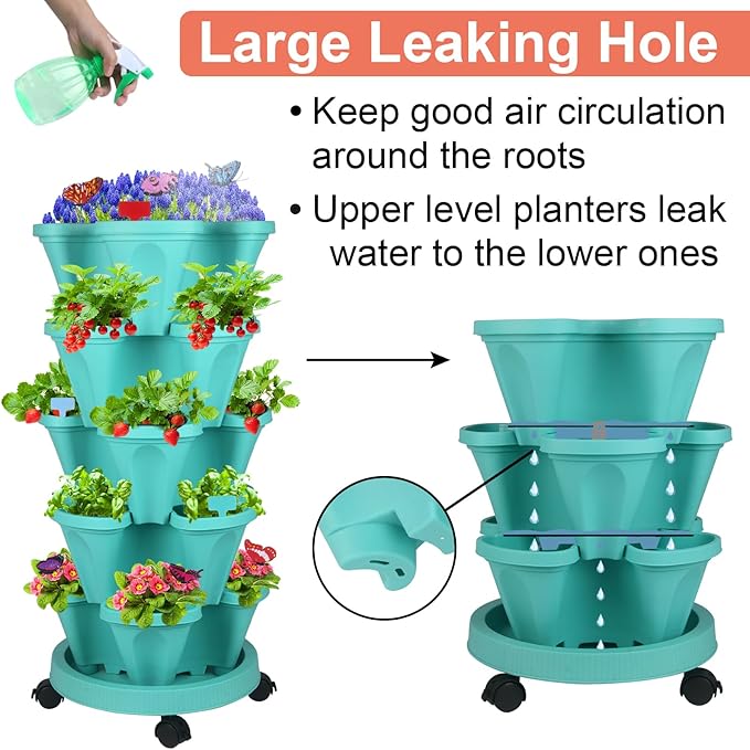 GameXcel Vertical Planter, 5 Tier Stackable Strawberry Planter with Garden Tool Set, Movable Indoor/Outdoor Garden Herb Pot for Growing Vegetables and Succulents, Teal