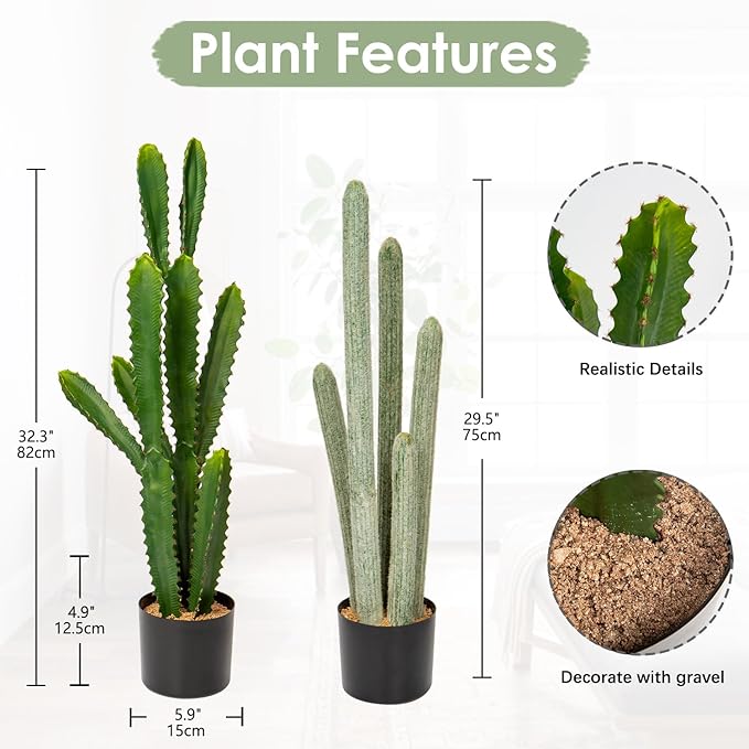 DILATATA 29.5”+32.5” Tall Fake Cactus Plant Potted Large Cactus 'Euphorbia Accruensis Cactus' Big Cacti Plants Artificial Cactus for Home Garden Office Decor Housewarming Gifts Faux Cacti-Set of 2