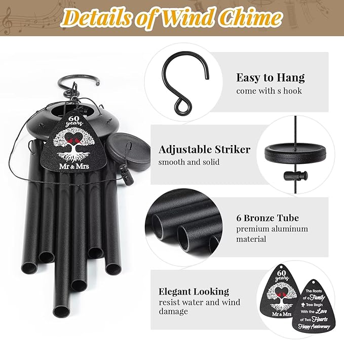 60th Anniversary Wind Chimes Gifts for Men Women,Romantic 60 Year Anniversary for Couples, Wife, Husband, Parents, Friends, 60th Wedding Gifts Idea of Happy Anniversaries Decorations,Black