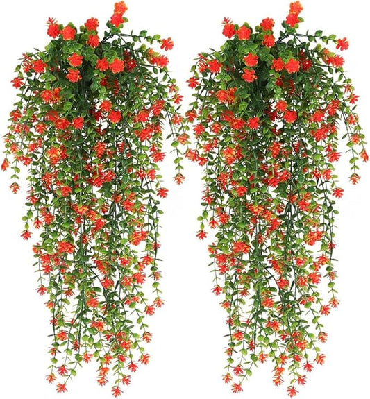 WEISPARK Artificial Hanging Flowers, 4pcs Fake Eucalyptus Vine Faux Flower Greenery Garland Plastic Plants for Indoor Outdoor Wall Garden Wedding Home Party Decor (Orange-4pcs)