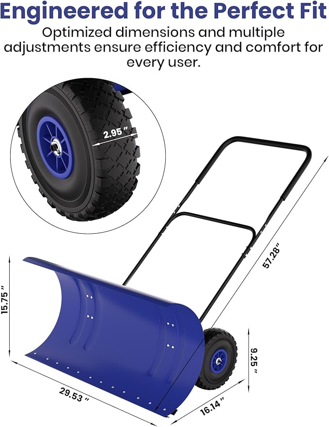 Snow Pusher with Wheels for Driveway, 29.5" Wide Heavy Duty Steel Blade, 2-Position Height Adjustment & 60° Tilt Handle, Ergonomic Push Snow Shovel with Ground Protection for Effortless Snow Removal