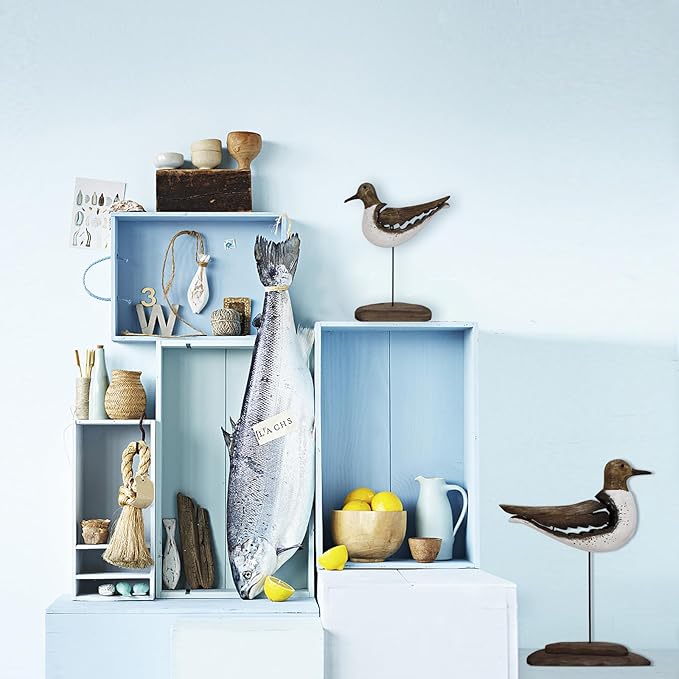 Aecipl Wooden Sea Bird Statue Seagull On Stand Decor Nautical Coastal Birds Sculpture Indoor Outdoor Animal Figurine Beach Themed Decoration Rustic Home Art for Bedroom Garden (B)