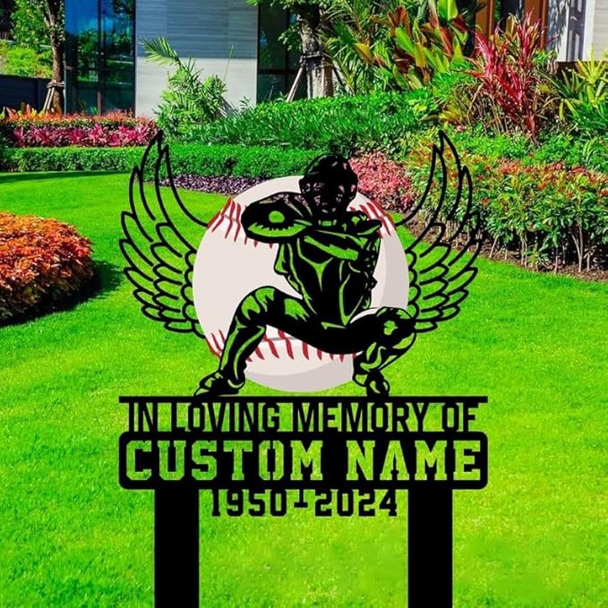 Custom Baseball Player Memorial Metal Stake – Personalized Sports Player Grave Marker, Yard Sign, Garden Stake, Outdoor Memorial Decor (Baseball Player Memorial)