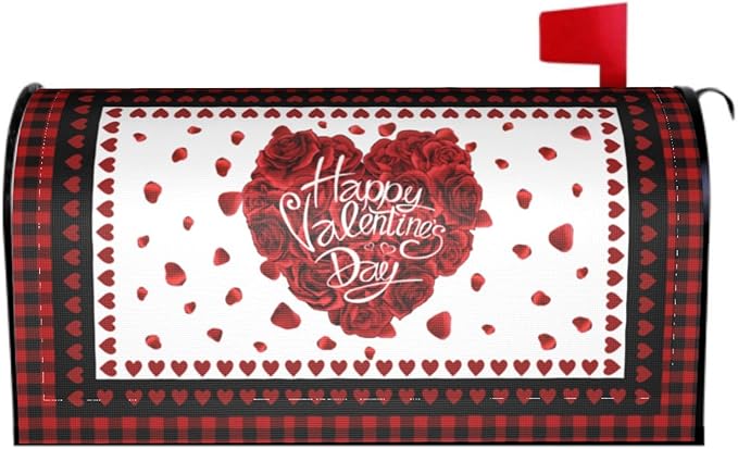 Valentines Day Love Heart Mailbox Cover - Magnetic, Black Red, Standard Size 18" X 21" for Outside Garden Decorations