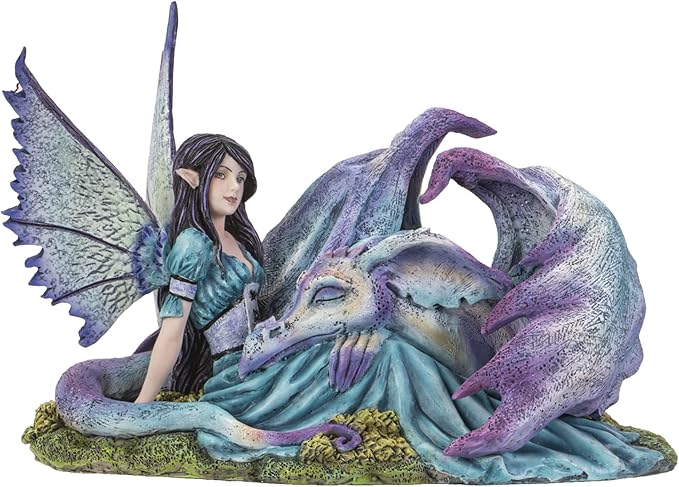Pacific Giftware Cold Cast Resin Fairy and Lying Sleeping Dragon Figurine, Indoor and Outdoor Unique Decor for Living Room, Porch, & More, 8.7 Inches