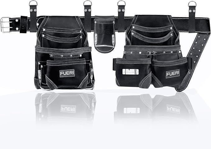 FUERI 16 Pocket Leather Tool Belt for Men, Comes with Heavy Duty Tools Pouches, 3 Hammer holders, Adjustable Belt, Carpenter tool Organizer for Carpenter, Construction, Electrician Rig.