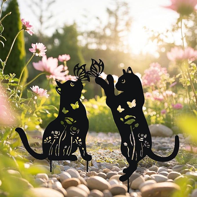 WONDER GARDEN Metal Cat Decor for Outside - 2 Pack Garden Stakes Decorative, Black Cat Silhouette Statues Lawn Ornaments Yard Art Patio Decor Women Men Mom Gifts