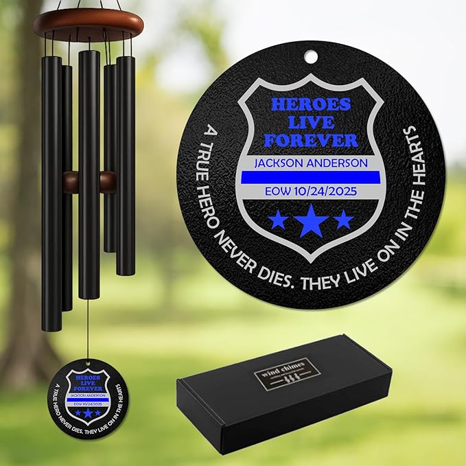 Personalized Police Memorial Wind Chime – “Heroes Live Forever” Custom Engraved Name & Eow Date – Blue Honor Line Fallen Officer Sympathy Gift – Memorial Windchime Tribute for Law Enforcement Heroes