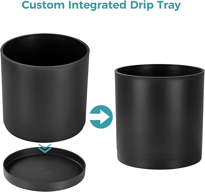 FaithLand 8-Inch Modern Cylinder Planter, Thick-Walled Plastic Plant Pot with Drainage Holes and Detachable Saucer, Matte Black, Ideal for Indoor & Outdoor Plants Flowers