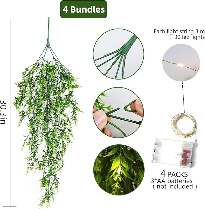 RECUTMS Large Hanging Ferns Artificial Plants Fake for Outdoors Vines with Lights Lavender Flowers Realistic (Green)