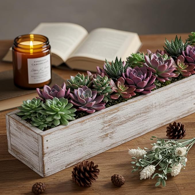 Dandat 2 Set Wood Boxes for Centerpieces 16x4 Inch Rectangle Wooden Planter Box Rustic Wooden Planters with Removable Plastic Liner Floral Foam Blocks for Christmas Wedding Home Garden Decor