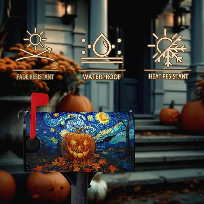 Halloween Pumpkin Magnetic Mailbox Cover Large Size 25.5 x 21 Van Gogh's Starry Night Mailbox Wraps Cover Oil Painting Decorations Post Box Cover for Garden Yard Outdoor Decor