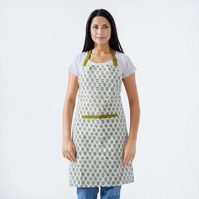 CPC Cotton Floral Kitchen Apron for women with Pocket and Adjustable Neck Ties. Apron for Women Men Chef-Hand Block Printed