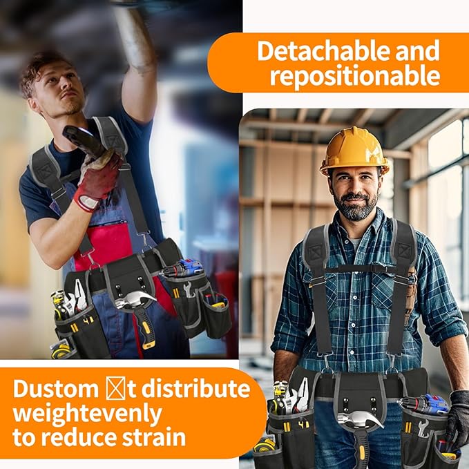 Tool Belt with Suspenders, Professional Tool Belt for Men, 18-Pocket Adjustable Heavy Duty Tool Organizer for Electrician, Carpenter, Framer, Construction Worker, Black & Blue (32''–66'')