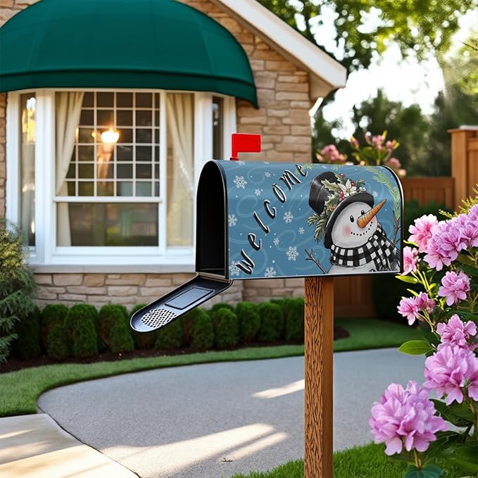 Winter Large Mailbox Covers Magnetic Oversized Welcome Christmas Snowman Buffalo Plaid Blue Mailbox Wraps Seasonal Outdoor Decorative Letter Box Cases for Home Garden Outside Decor, 25.5x21 Inch