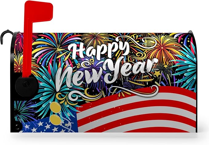 Happy New Year Mailbox Cover New Year Eve Magnetic Mailbox Covers American Flag Fireworks Balloon Post Letter Box Wrap for Holiday Celebration Party Outdoor Yard Decor 21 X 18 Inch