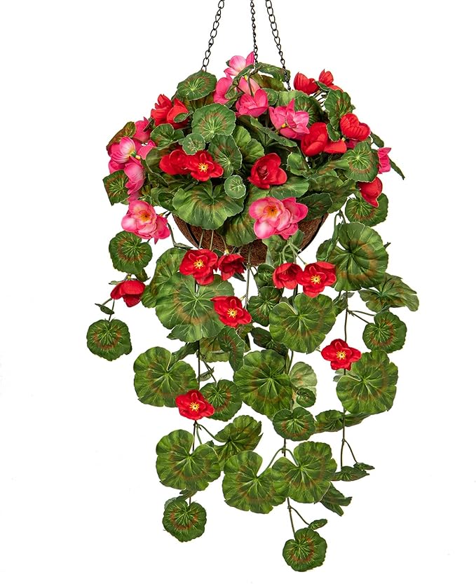 Briful Geraniums Fake Flowers Hanging Basket Outdoor, Silk Summer Vine Faux Flowers, Begonia Artificial Flowers, 5 ⅞’’ Coconut Basket, for Home Farmhouse Balcony Indoor Patio Garden Decor