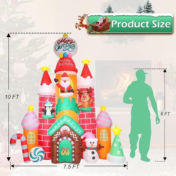 Christmas Inflatables Outdoor Decoration Castle - 10FT Inflatable Christmas Castle with Snowman Penguin Reindeer Giant Outdoor Indoor Blow Up Airblown LED Light Yard Lawn Garden Home