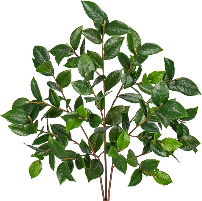3PCS 33" Fake Plants, Tall Artificial Plant Tea Leaf Branches, Real Touch Fake Camellia Leaves Faux Greenery Stem for Vase Arrangement Kitchen Console Table Decor