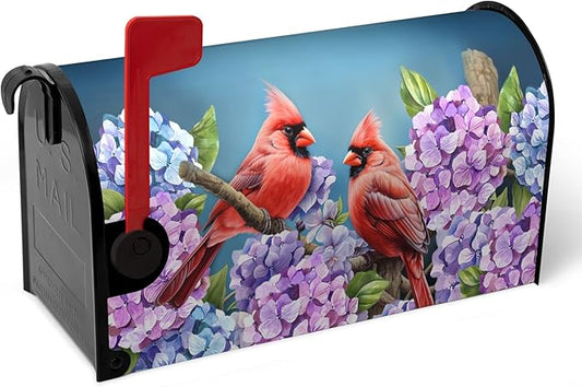 Spring Mailbox Covers Magnetic Oversized Cardinal Hydrangea Mailbox Post Cover Summer Flowers Bird Mailbox Wrap Colorful Floral Mailboxs Waterproof for Garden Yard Large Size 25.5x21 Inch