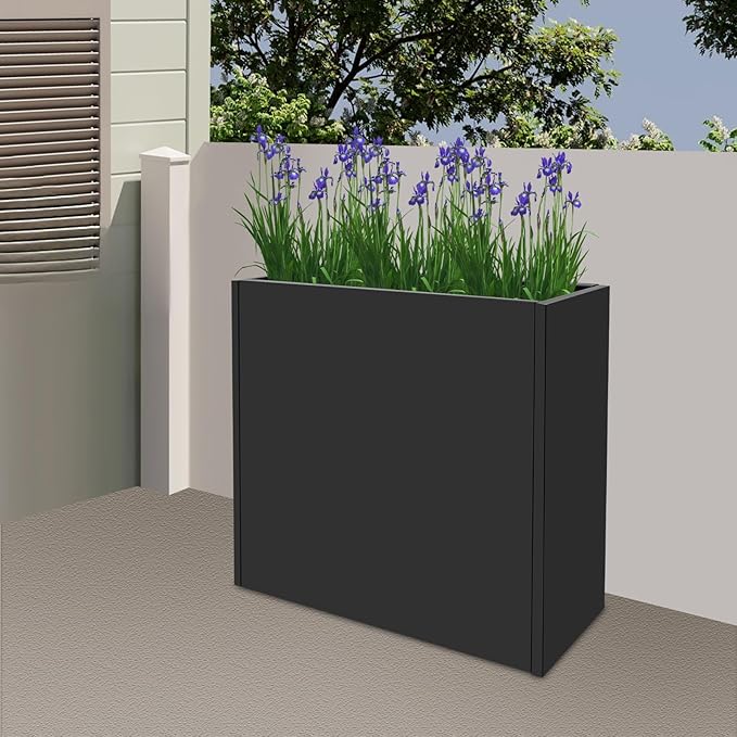 Metal Planter Box, Tall Rectangular Raised Garden Bed with Removable Shelf and Drainage Holes, Modern Steel Garden Planter, Flower Planter Boxes for Patio, Yard & Porch, Outdoor (Black, 34*10*30in)