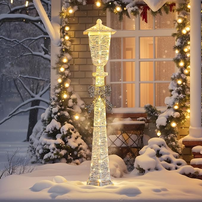 VINGLI 5FT Christmas Street Lamp Post, Lighted Street Light with Bow Outdoor Christmas Decorations, Light up Christmas Decor for Indoor Outdoor Porch Lawn Yard Garden, Snow White