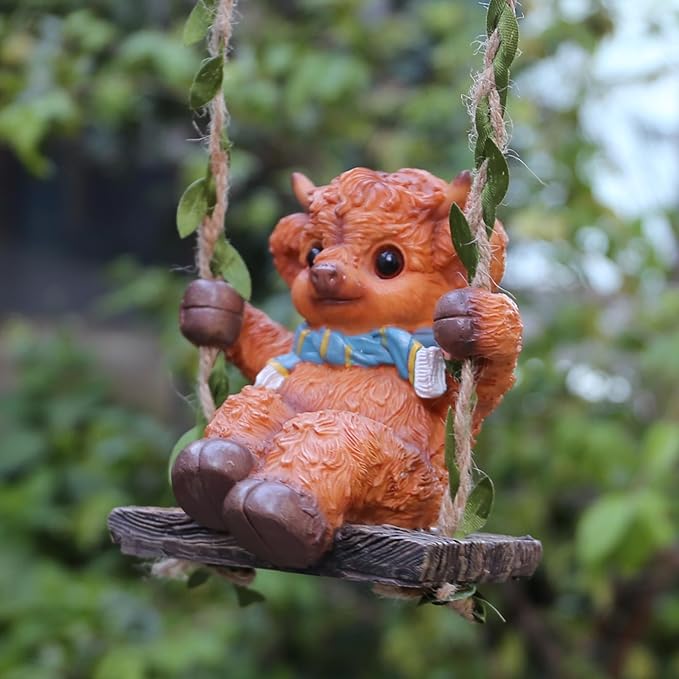Swing Highland Cattle Statue 4.33in,Exquisite Garden Statue Decoration and Lawn Ornament,Outdoor or Home Decor,Easter Decor