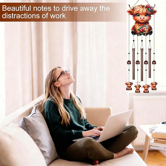 Metal Colorful Highland Cow Wind Chimes for Outside to Create a Zen Atmosphere Suitable for Outdoor Garden Patio Home Decor,Melodious Melodic Tones Suitable as A Birthday for Women Mom