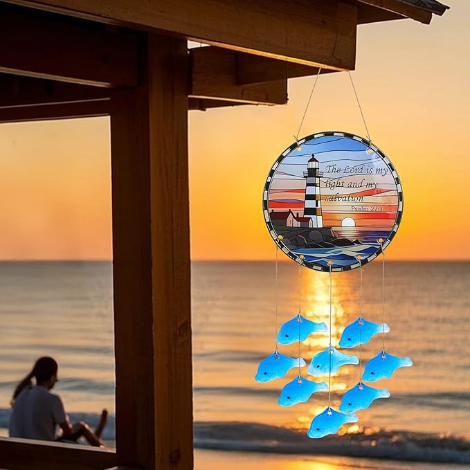Sea Glass Fish Wind Chimes for Outside, Lighthouse Glass Windchimes Outdoors, Windchimes Outdoors Unique Suncatcher, Patio Beach Outdoor Home Garden Decor, Memorial Garden Christmas Decoration Gifts