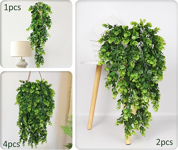 RECUTMS 4 Pack Artificial Hanging Plants Faux Eucalyptus Leaf Greenery Fake Plant for Wall House Room Patio Indoor Outdoor Home Shelf Office Decor (Green)